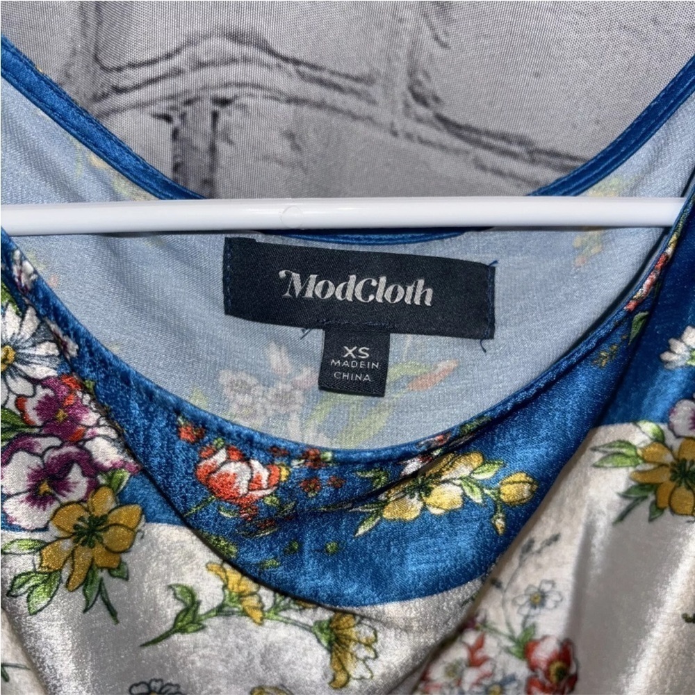 ModCloth Anthropologie Blue Satin Sunlit Reverie Dress Belted Floral Size XS - Picture 5 of 6